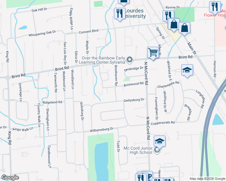 map of restaurants, bars, coffee shops, grocery stores, and more near 4815 Brinthaven Drive in Sylvania