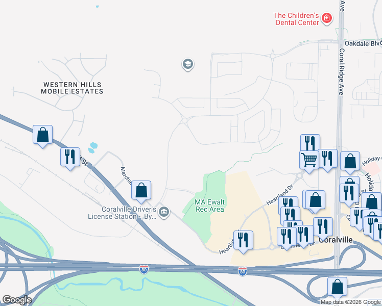 map of restaurants, bars, coffee shops, grocery stores, and more near 2332 Liberty Drive in Coralville