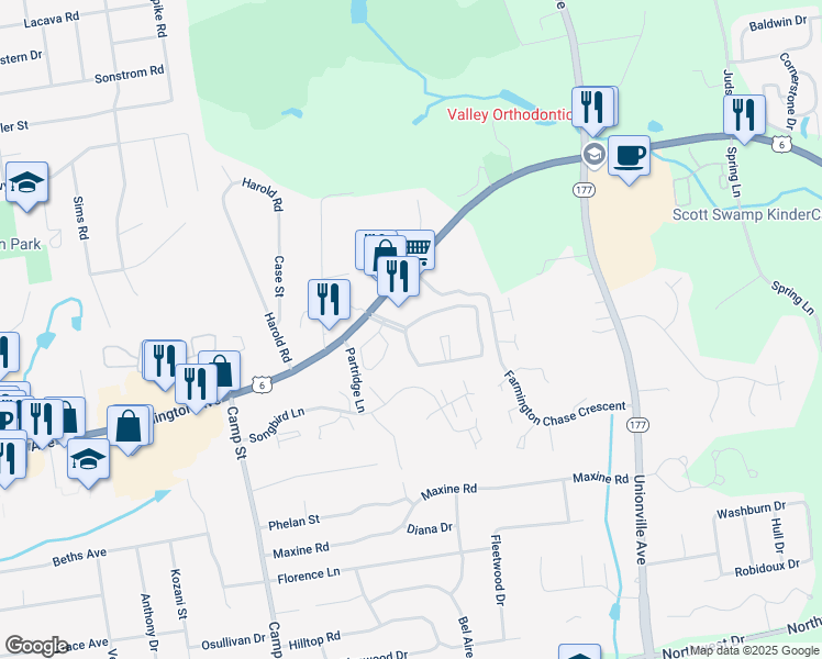 map of restaurants, bars, coffee shops, grocery stores, and more near 2 Florence Way in Farmington