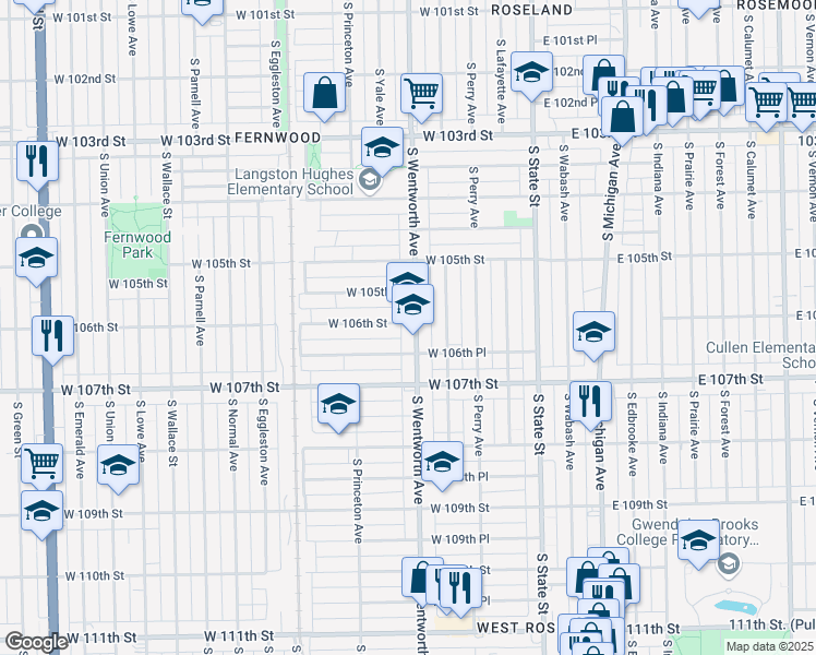 map of restaurants, bars, coffee shops, grocery stores, and more near 10600 South Wentworth Avenue in Chicago