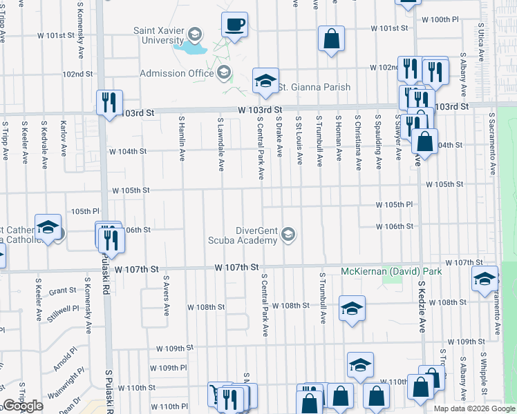 map of restaurants, bars, coffee shops, grocery stores, and more near 10528 Central Park Avenue in Chicago
