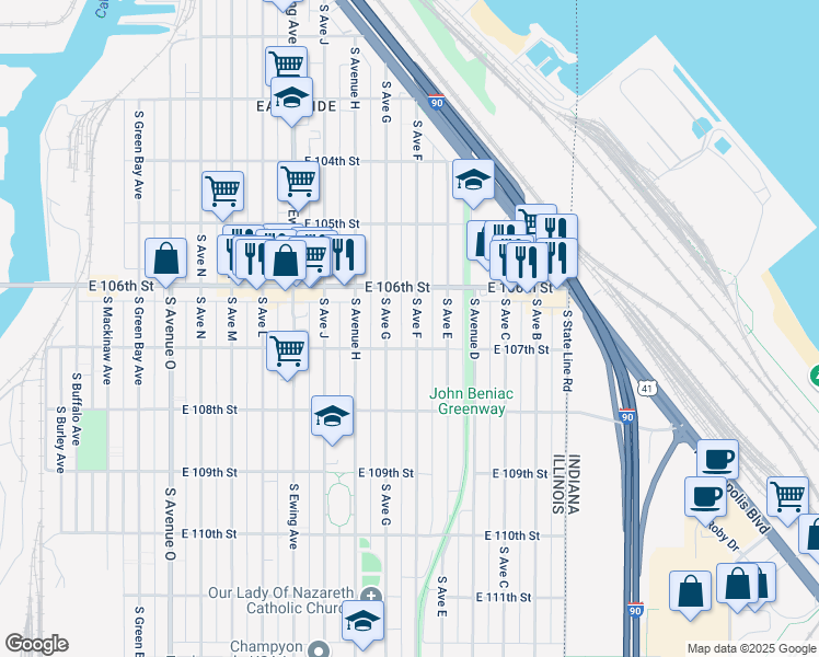 map of restaurants, bars, coffee shops, grocery stores, and more near 10638 South Avenue F in Chicago