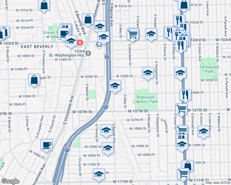 map of restaurants, bars, coffee shops, grocery stores, and more near 10557 South Racine Avenue in Chicago