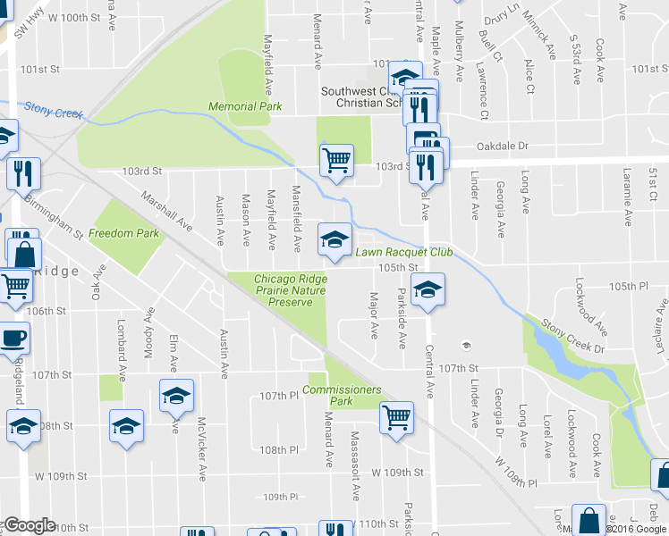 map of restaurants, bars, coffee shops, grocery stores, and more near 5757 105th St in Chicago Ridge