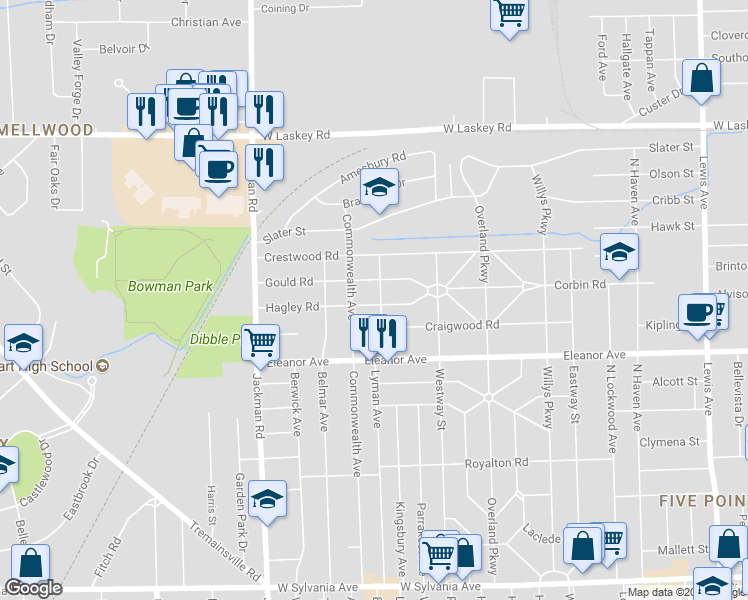 map of restaurants, bars, coffee shops, grocery stores, and more near 4603 Manorwood Rd in Toledo