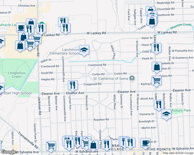 map of restaurants, bars, coffee shops, grocery stores, and more near 4565 Overland Parkway in Toledo