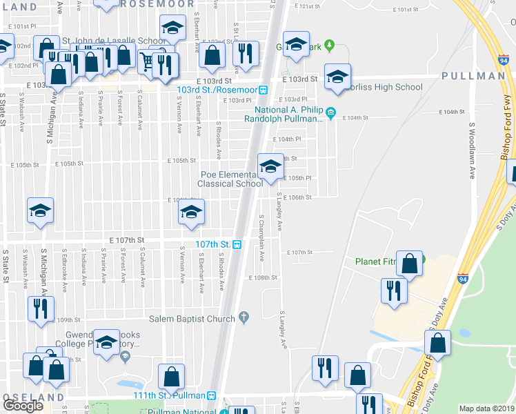 map of restaurants, bars, coffee shops, grocery stores, and more near 10611 S Champlain Ave in Chicago