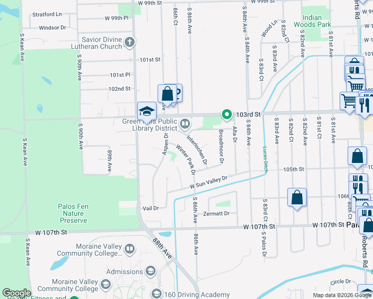 map of restaurants, bars, coffee shops, grocery stores, and more near 10413 Winter Park Drive in Palos Hills