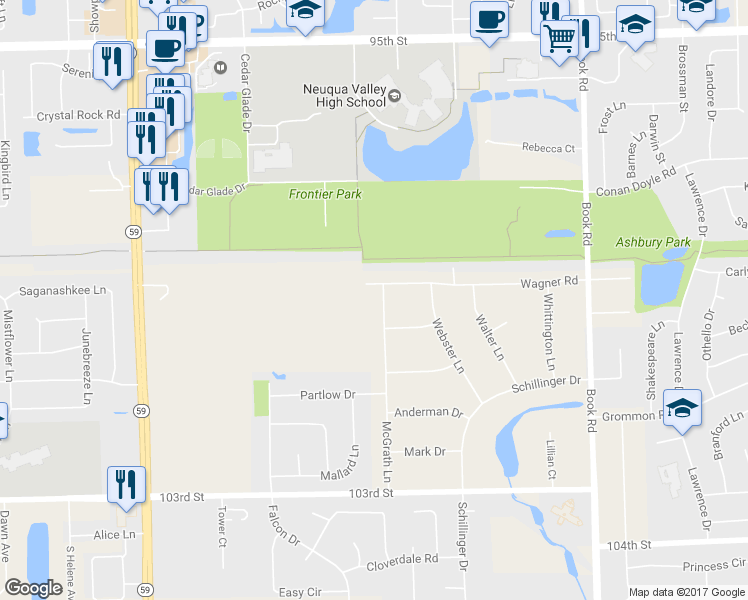 map of restaurants, bars, coffee shops, grocery stores, and more near 11S452 McGrath Lane in Naperville