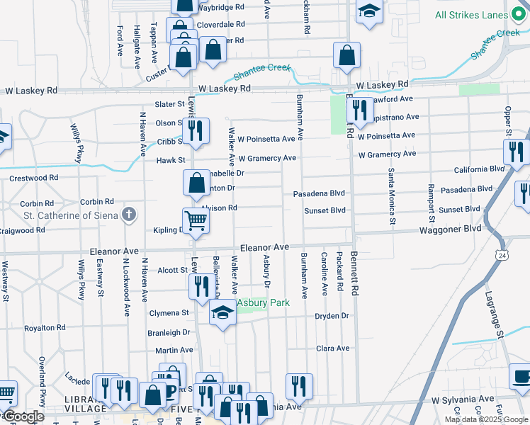 map of restaurants, bars, coffee shops, grocery stores, and more near 749 Alvison Road in Toledo