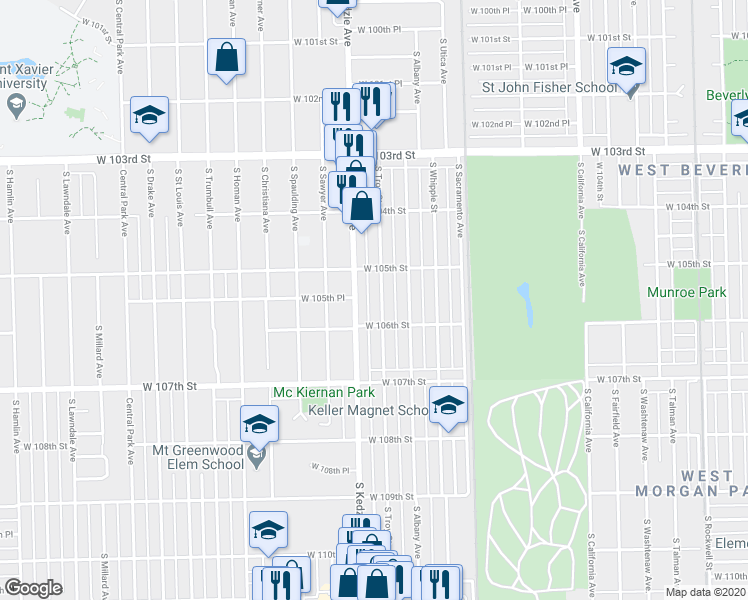 map of restaurants, bars, coffee shops, grocery stores, and more near 10534 South Troy Street in Chicago