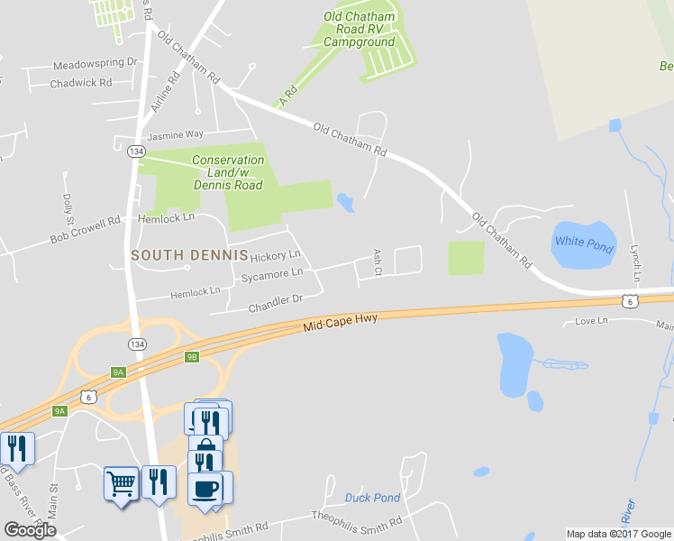 map of restaurants, bars, coffee shops, grocery stores, and more near 13 Frank Doyle Road in Dennis