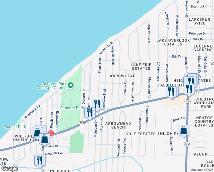 map of restaurants, bars, coffee shops, grocery stores, and more near 723 Cherokee Trail in Willoughby
