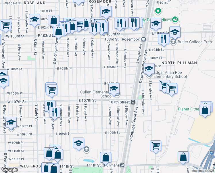 map of restaurants, bars, coffee shops, grocery stores, and more near 10607 South Vernon Avenue in Chicago