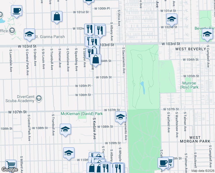map of restaurants, bars, coffee shops, grocery stores, and more near 10532 South Albany Avenue in Chicago