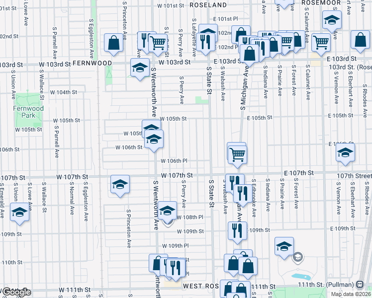 map of restaurants, bars, coffee shops, grocery stores, and more near 10601 South Perry Avenue in Chicago
