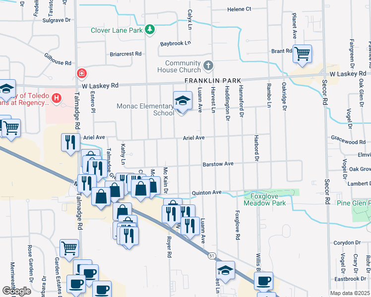 map of restaurants, bars, coffee shops, grocery stores, and more near 4651 Boydson Drive in Toledo