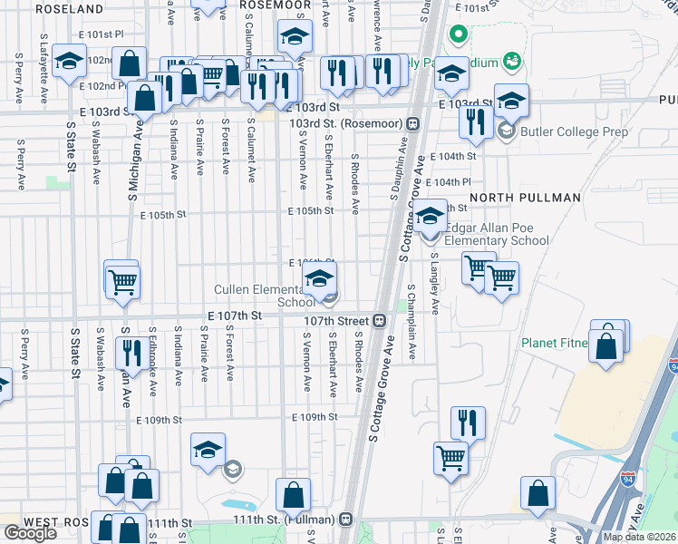 map of restaurants, bars, coffee shops, grocery stores, and more near 10609 South Eberhart Avenue in Chicago