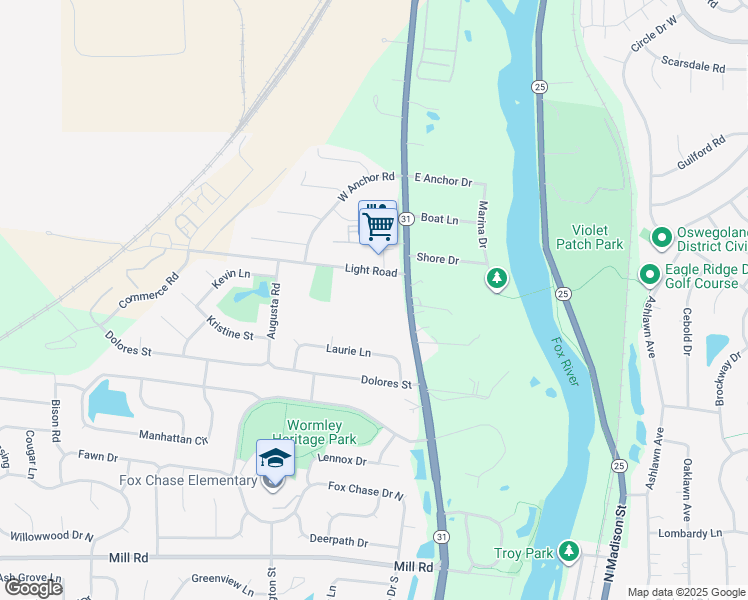 map of restaurants, bars, coffee shops, grocery stores, and more near 2400 Light Road in Oswego