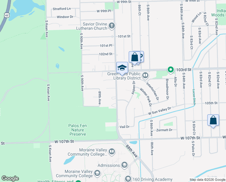 map of restaurants, bars, coffee shops, grocery stores, and more near 10402 South 88th Avenue in Palos Hills