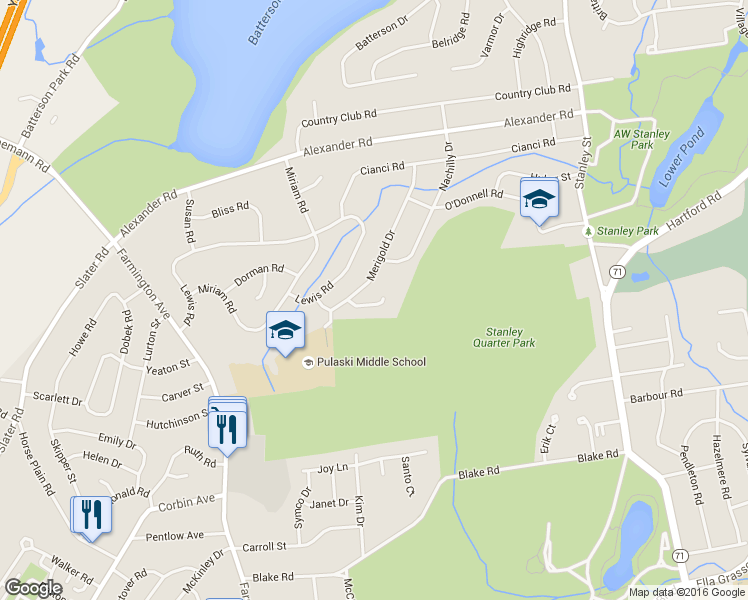 map of restaurants, bars, coffee shops, grocery stores, and more near 34 Viola Lane in New Britain