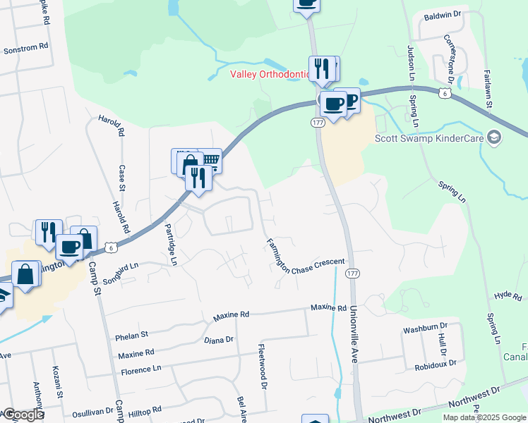 map of restaurants, bars, coffee shops, grocery stores, and more near 130 Farmington Chase Crescent in Farmington