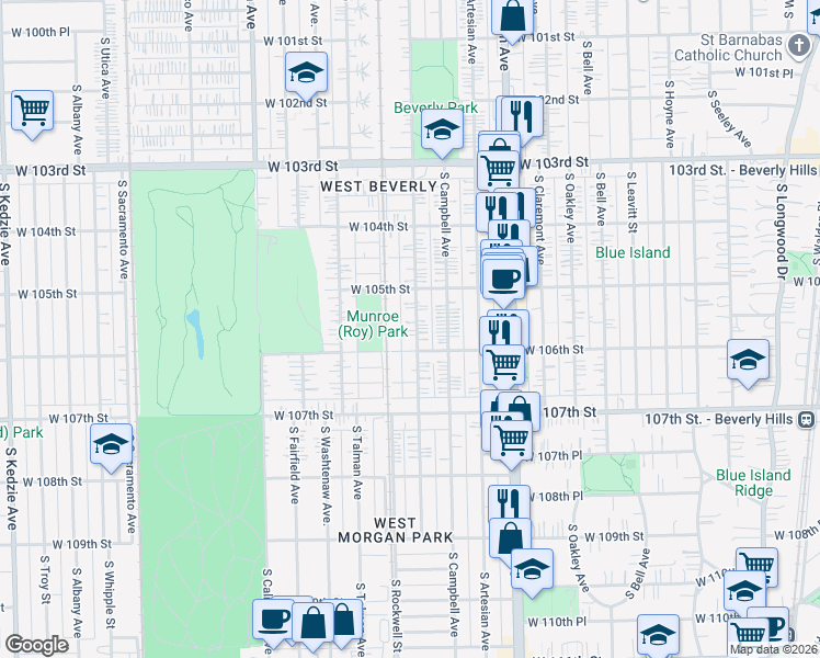 map of restaurants, bars, coffee shops, grocery stores, and more near 10538 South Maplewood Avenue in Chicago