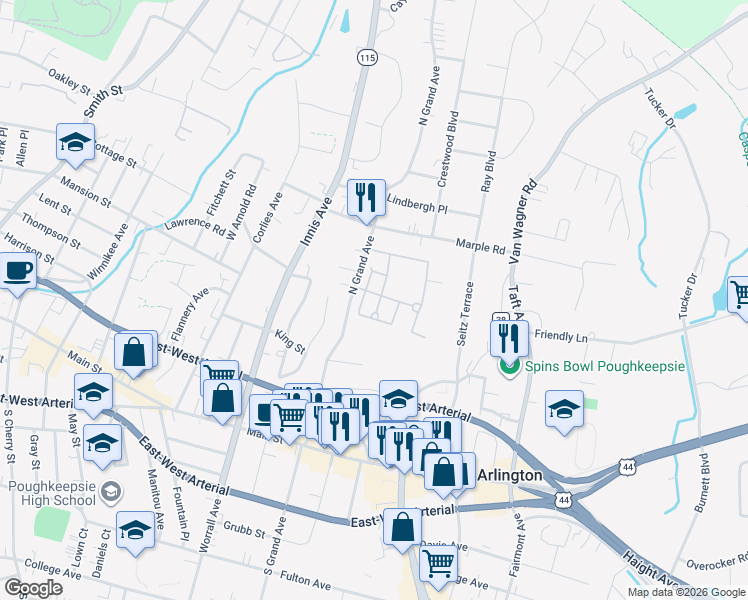 map of restaurants, bars, coffee shops, grocery stores, and more near 8 Taconic Street in Arlington