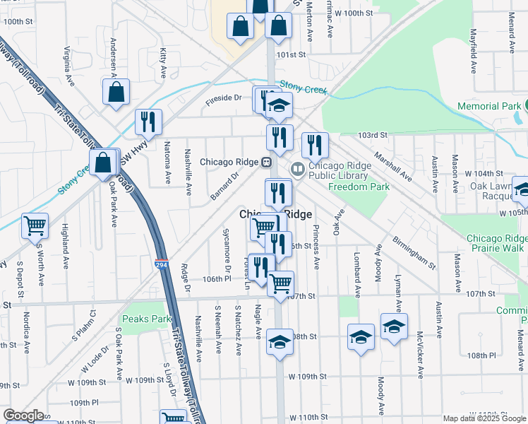 map of restaurants, bars, coffee shops, grocery stores, and more near 10442 Ridgeland Avenue in Chicago Ridge