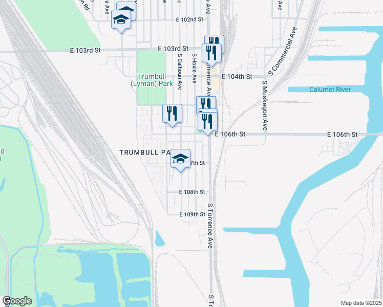 map of restaurants, bars, coffee shops, grocery stores, and more near 10638 South Hoxie Avenue in Chicago