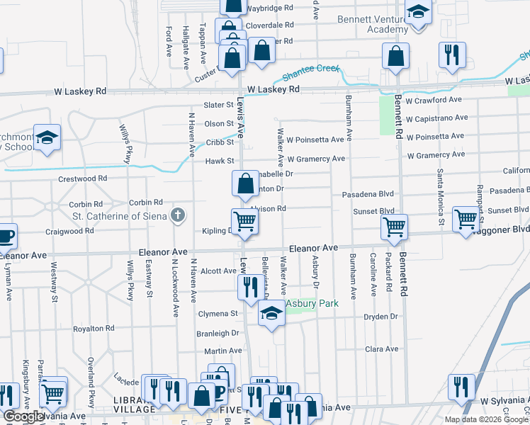 map of restaurants, bars, coffee shops, grocery stores, and more near 939 Alvison Road in Toledo
