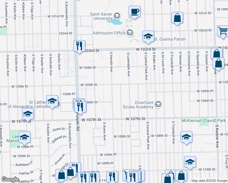 map of restaurants, bars, coffee shops, grocery stores, and more near 10525 South Hamlin Avenue in Chicago