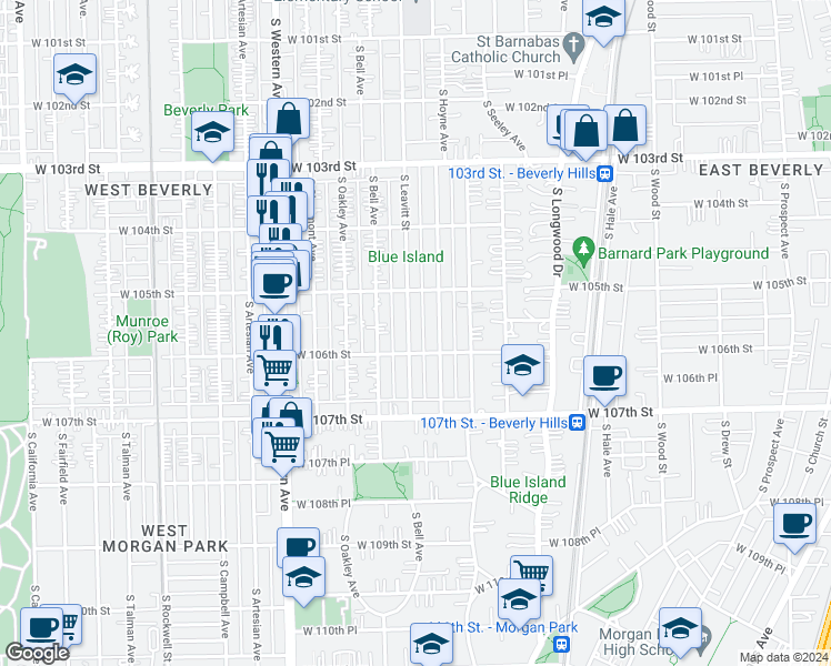 map of restaurants, bars, coffee shops, grocery stores, and more near 10541 South Leavitt Street in Chicago