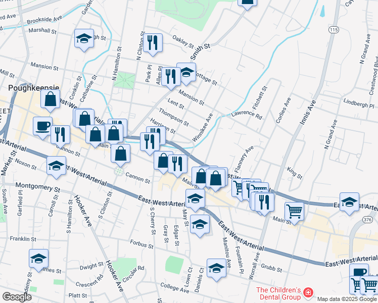 map of restaurants, bars, coffee shops, grocery stores, and more near 29 North White Street in Poughkeepsie