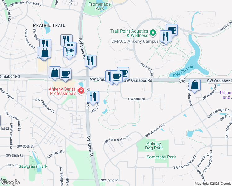 map of restaurants, bars, coffee shops, grocery stores, and more near 1709 Southwest Westview Lane in Ankeny