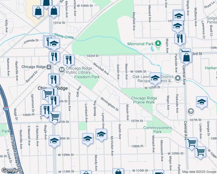 map of restaurants, bars, coffee shops, grocery stores, and more near 10401 Moody Avenue in Chicago Ridge