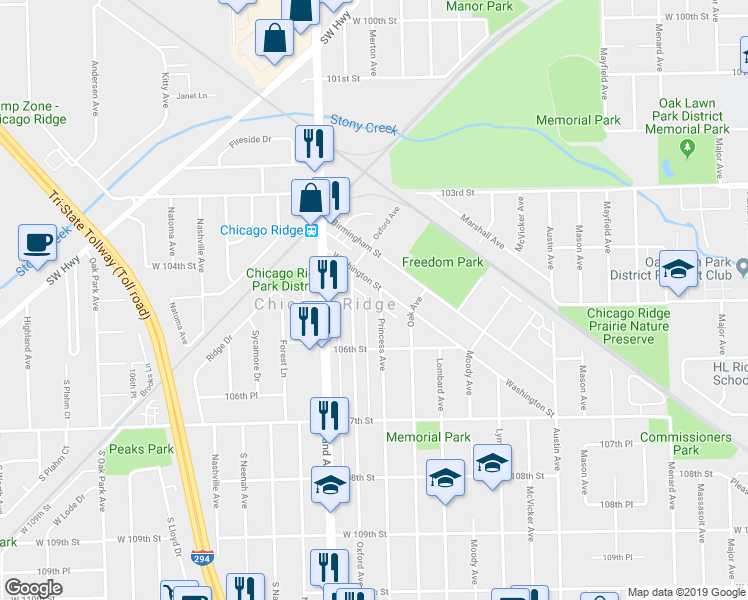 map of restaurants, bars, coffee shops, grocery stores, and more near 10444 Princess Avenue in Chicago Ridge
