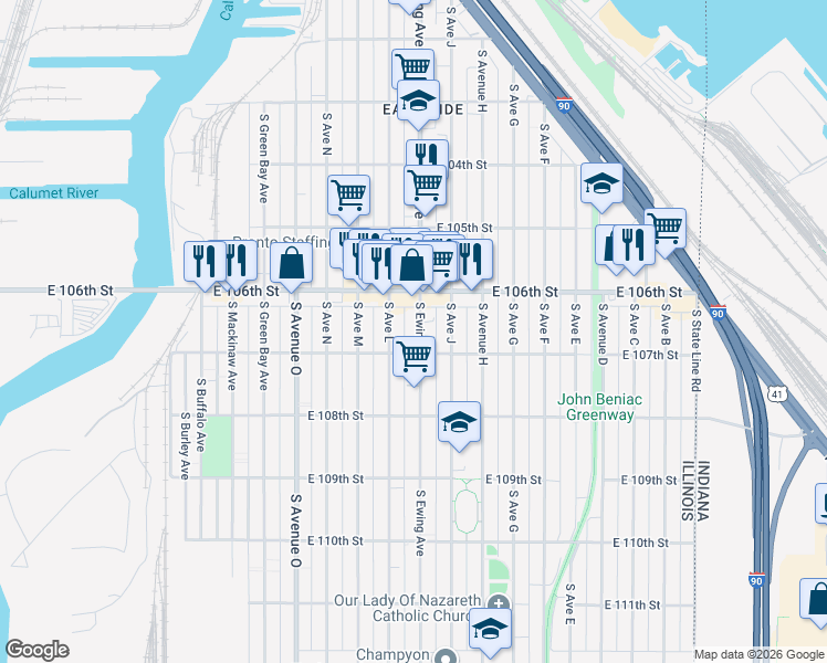 map of restaurants, bars, coffee shops, grocery stores, and more near 10638 South Ewing Avenue in Chicago