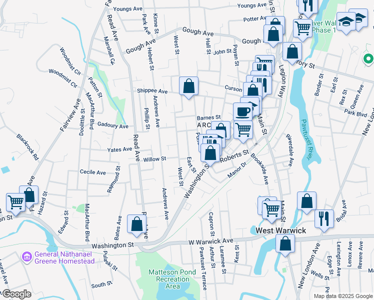map of restaurants, bars, coffee shops, grocery stores, and more near 52 East Street in West Warwick