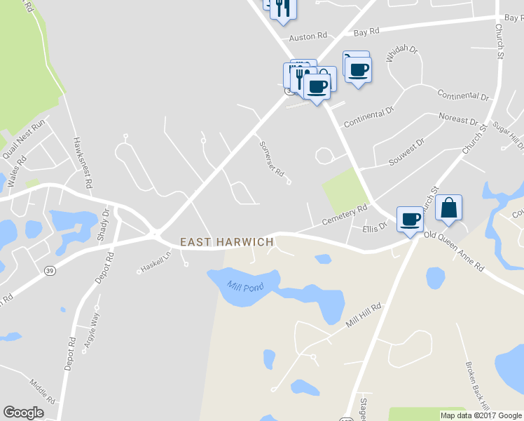 map of restaurants, bars, coffee shops, grocery stores, and more near 44 Old Heritage Way in Harwich
