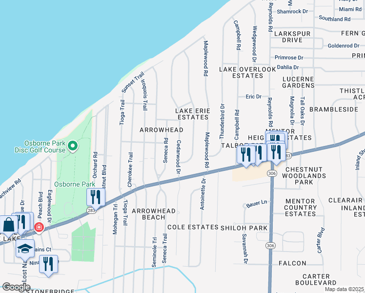 map of restaurants, bars, coffee shops, grocery stores, and more near 6245 Cedarwood Road in Mentor