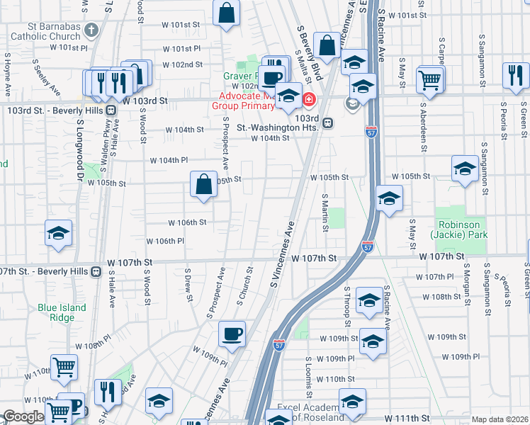 map of restaurants, bars, coffee shops, grocery stores, and more near 10555 South Church Street in Chicago
