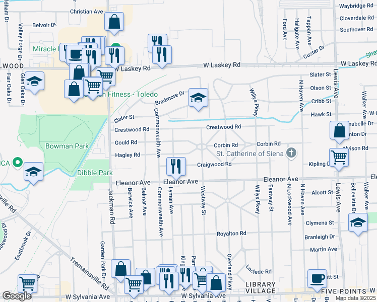 map of restaurants, bars, coffee shops, grocery stores, and more near 1488 Hagley Road in Toledo