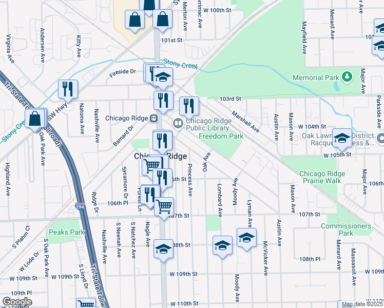 map of restaurants, bars, coffee shops, grocery stores, and more near 10444 Princess Avenue in Chicago Ridge