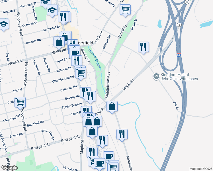 map of restaurants, bars, coffee shops, grocery stores, and more near 57 Middletown Avenue in Wethersfield