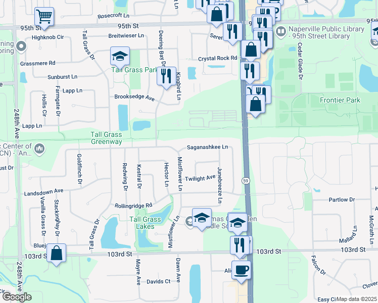 map of restaurants, bars, coffee shops, grocery stores, and more near 3160 Saganashkee Lane in Naperville