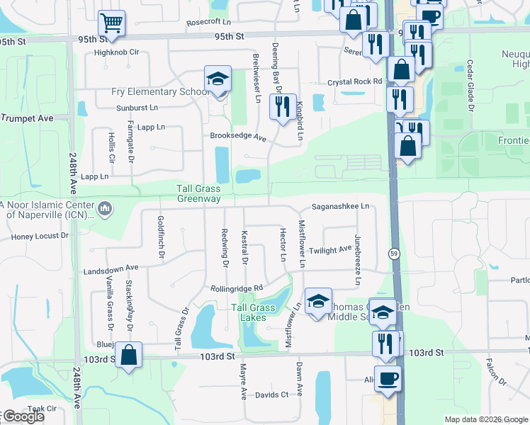 map of restaurants, bars, coffee shops, grocery stores, and more near 3308 Mistflower Lane in Naperville
