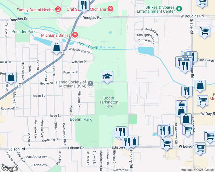 map of restaurants, bars, coffee shops, grocery stores, and more near 3414 Hepler Street in South Bend