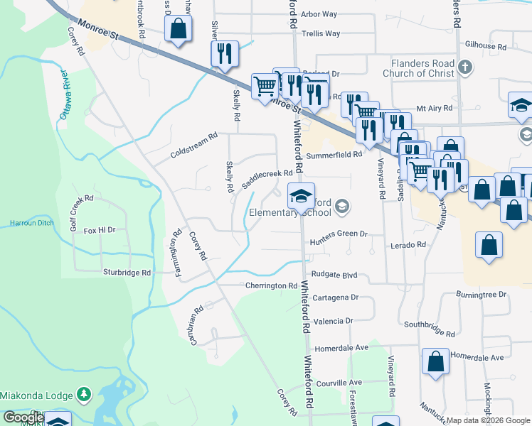 map of restaurants, bars, coffee shops, grocery stores, and more near 4736 Turnbridge Road in Toledo