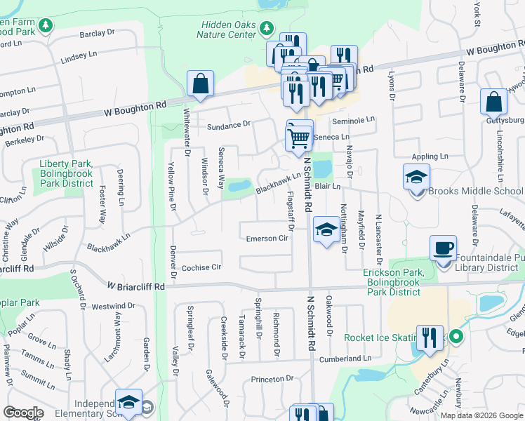 map of restaurants, bars, coffee shops, grocery stores, and more near 206 Shawnee Drive in Bolingbrook